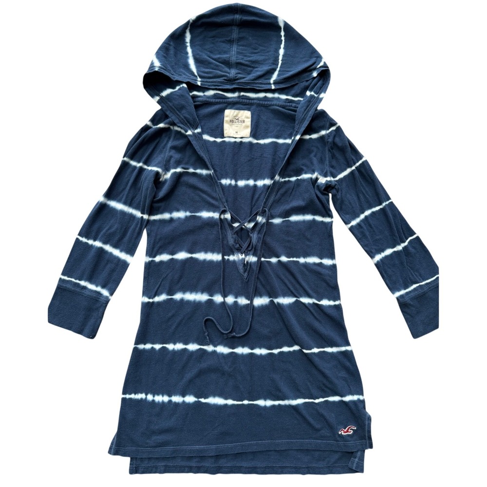 Hollister Womens Y2K Hooded Tunic Top Navy Tie Dye Stripe Size M Beachy